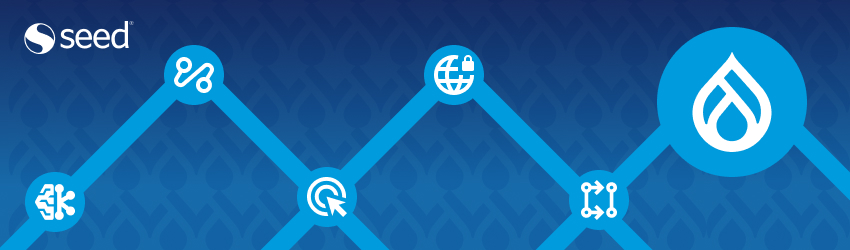 Banner con fondo azul degradado que muestra el logo de Seed en la esquina superior izquierda y una línea ascendente con íconos relacionados a tecnología y marketing, culminando con el logotipo de Drupal en un círculo azul