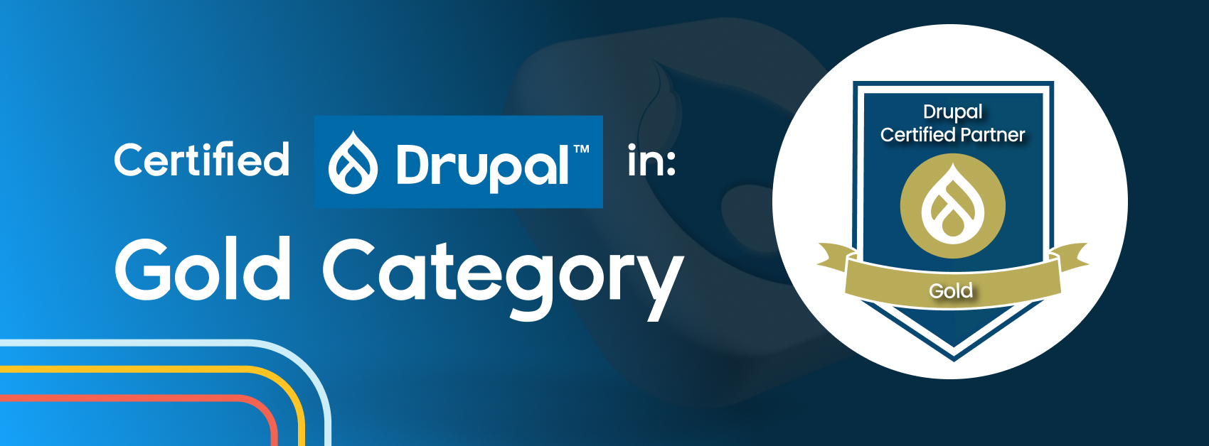 Banner recognizing Seed EM as a Certified Gold Partner by the Drupal Association. It shows the Drupal logo and a shield with the ‘Gold’ insignia representing the Gold category.