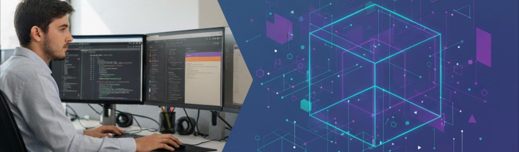 A developer works in an office in front of three monitors with code and open tasks, while next to him is a digital illustration of a three-dimensional cube surrounded by geometric shapes and lines representing technology and connections.