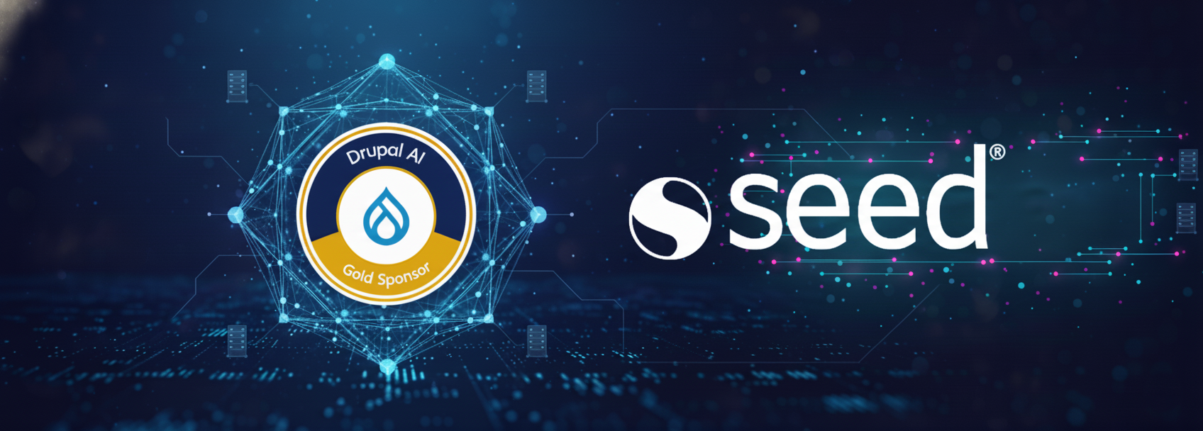 Logo de Seed junto al emblema de “Drupal AI Gold Sponsor” sobre un fondo tecnológico azul con conexiones digitales