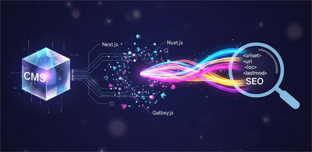 Diagram of a CMS that uses Next.js, Nuxt.js, and Gatsby.js technologies to generate sitemaps and optimize SEO.