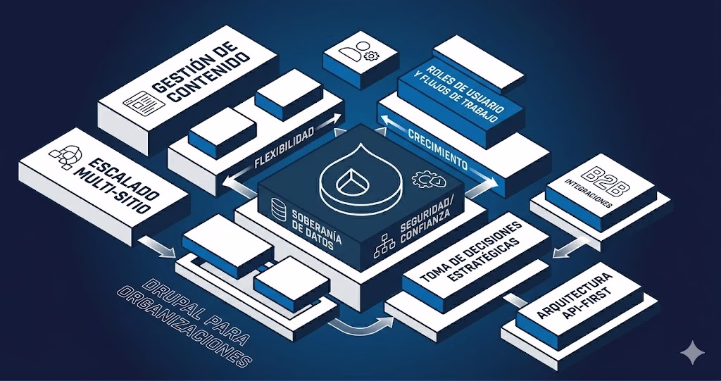 Illustration of Drupal for enterprises featuring content management, security, scalability, and API-first architecture.