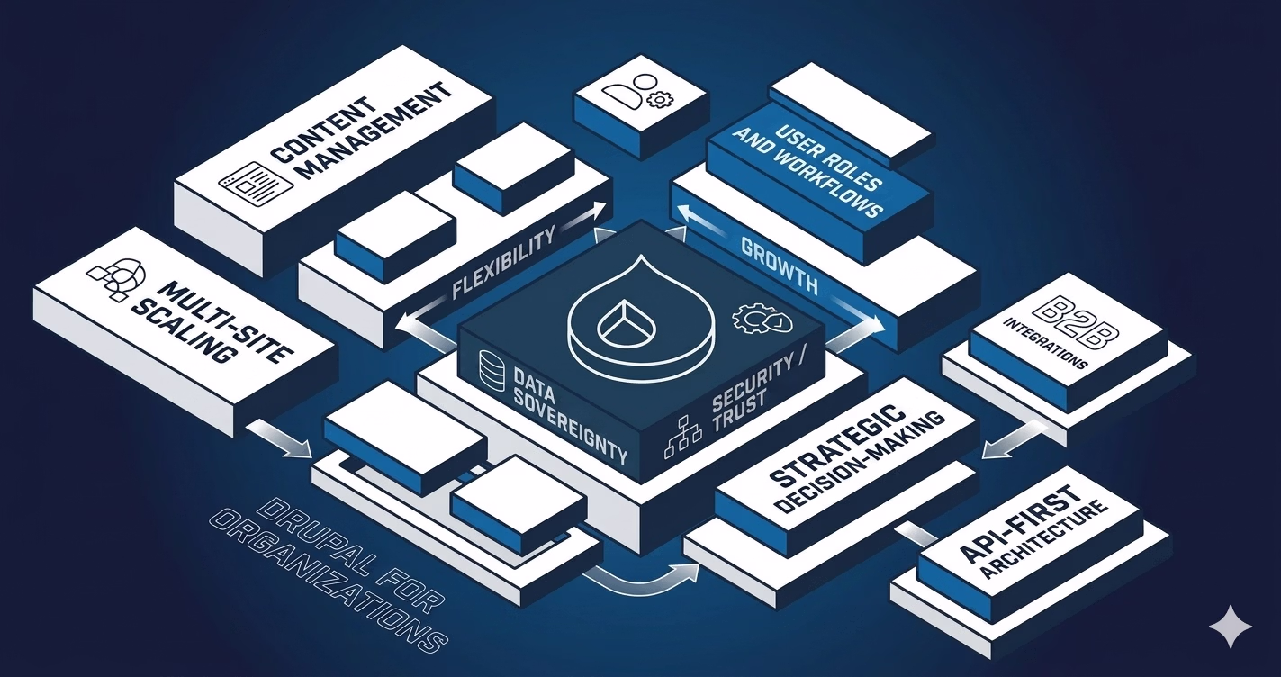 Illustration of Drupal for enterprises featuring content management, security, scalability, and API-first architecture.