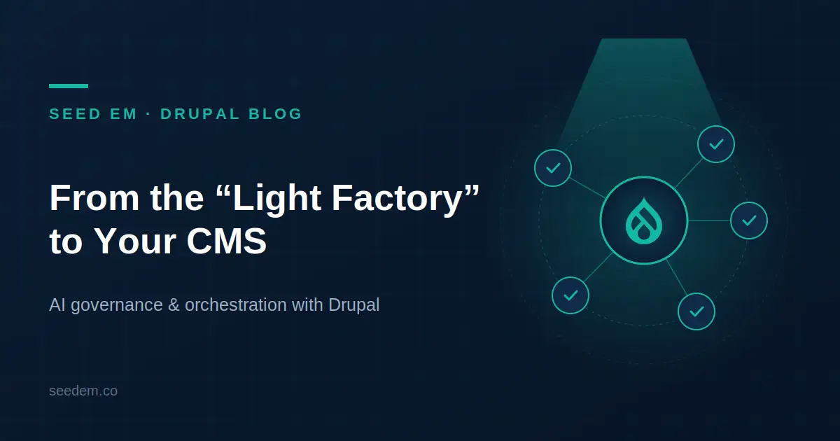 Conceptual illustration of AI governance and orchestration with Drupal based on the Light Factory concept.