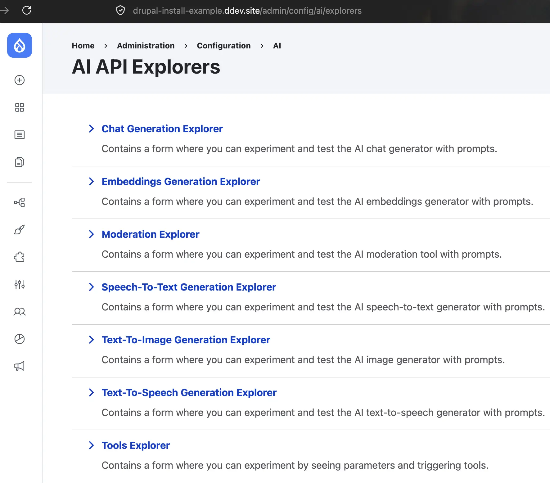 Página /admin/config/ai/explorers de Drupal con el listado de exploradores: Chat, Embeddings, Moderation, Speech-To-Text, Text-To-Image, Text-To-Speech y Tools