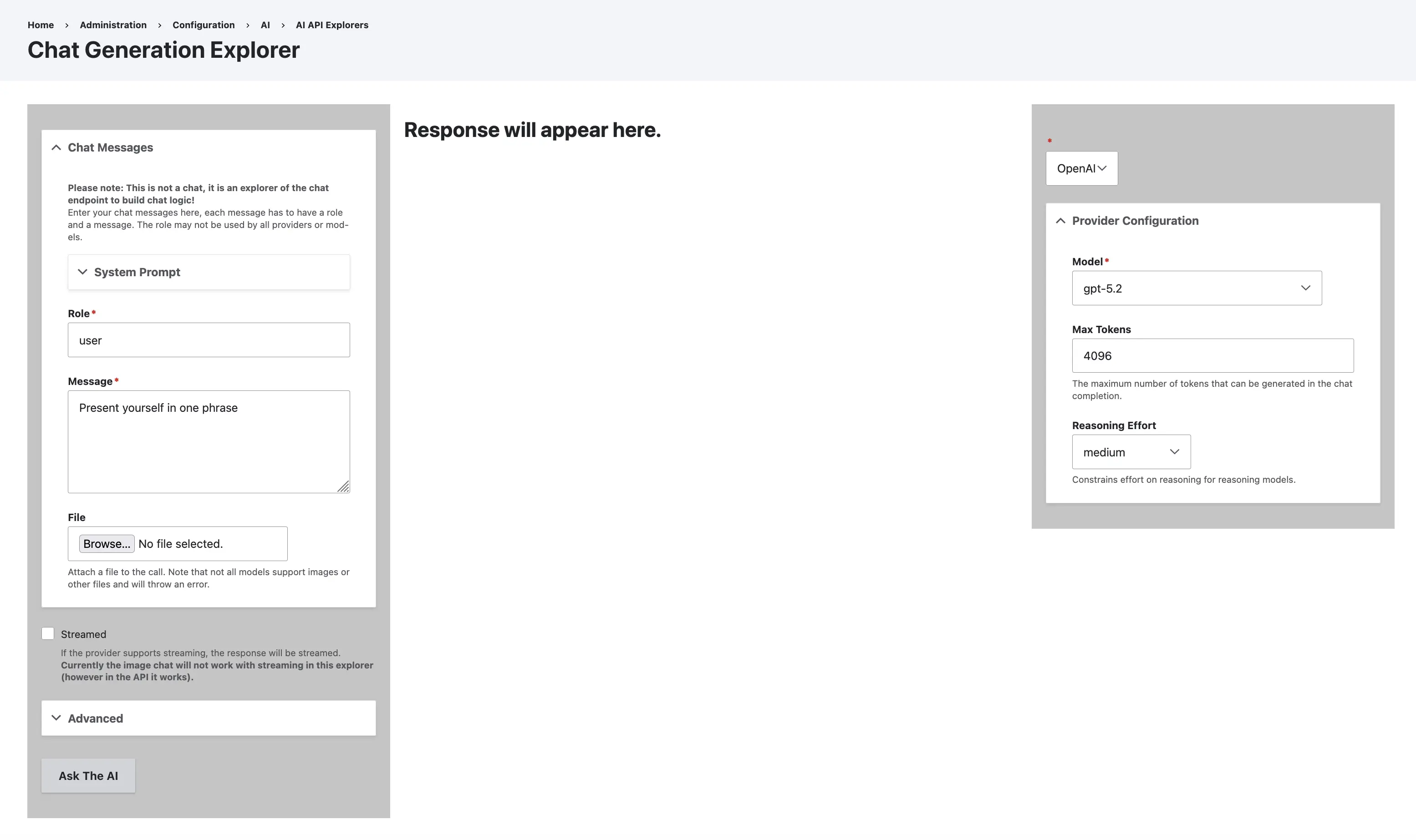 Formulario Chat Generation Explorer en Drupal con los campos Role, Message, proveedor y modelo