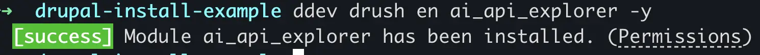 Terminal mostrando ddev drush en ai_api_explorer -y instalado exitosamente