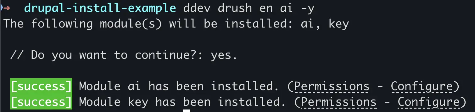 Terminal mostrando ddev drush en ai -y con los módulos ai y key instalados exitosamente