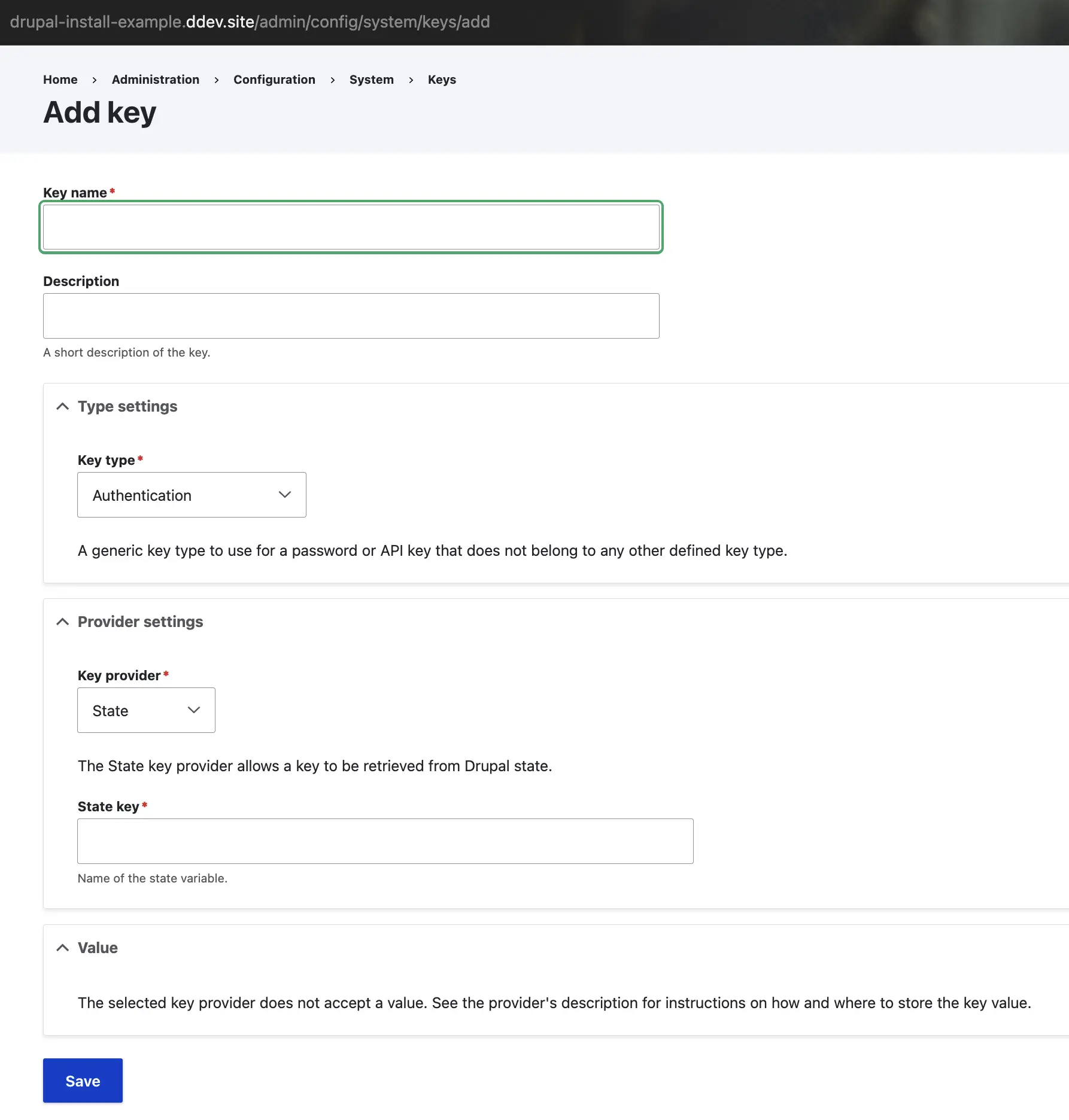 Formulario Add key del módulo Key en Drupal con los campos Key name, Key type y Key provider