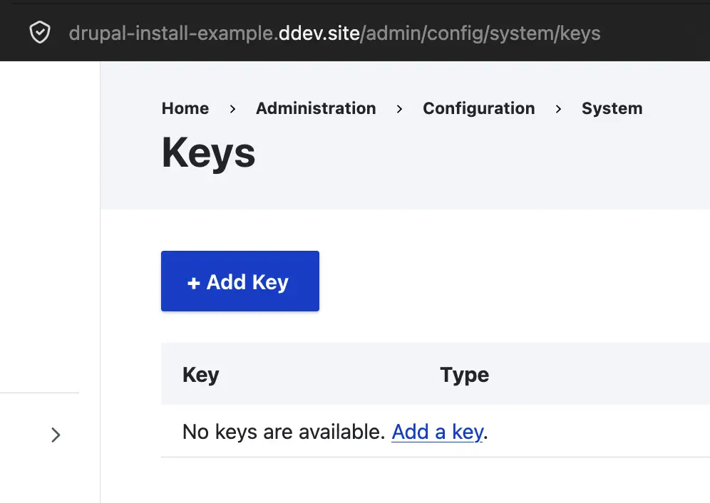Página /admin/config/system/keys del módulo Key en Drupal, vacía y con el botón Add Key