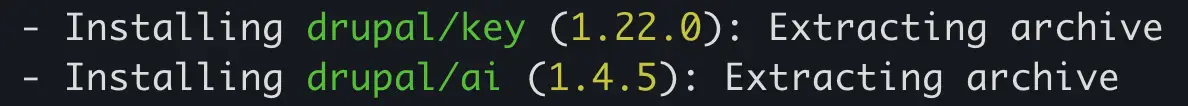 Detalle del log de Composer mostrando la instalación de drupal/key junto con drupal/ai