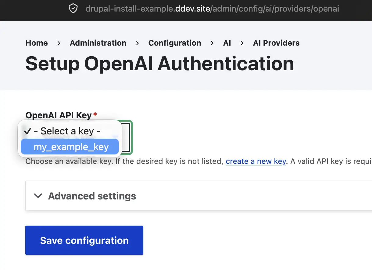 Página Setup OpenAI Authentication en /admin/config/ai/providers/openai con el menú desplegable para seleccionar la clave API creada