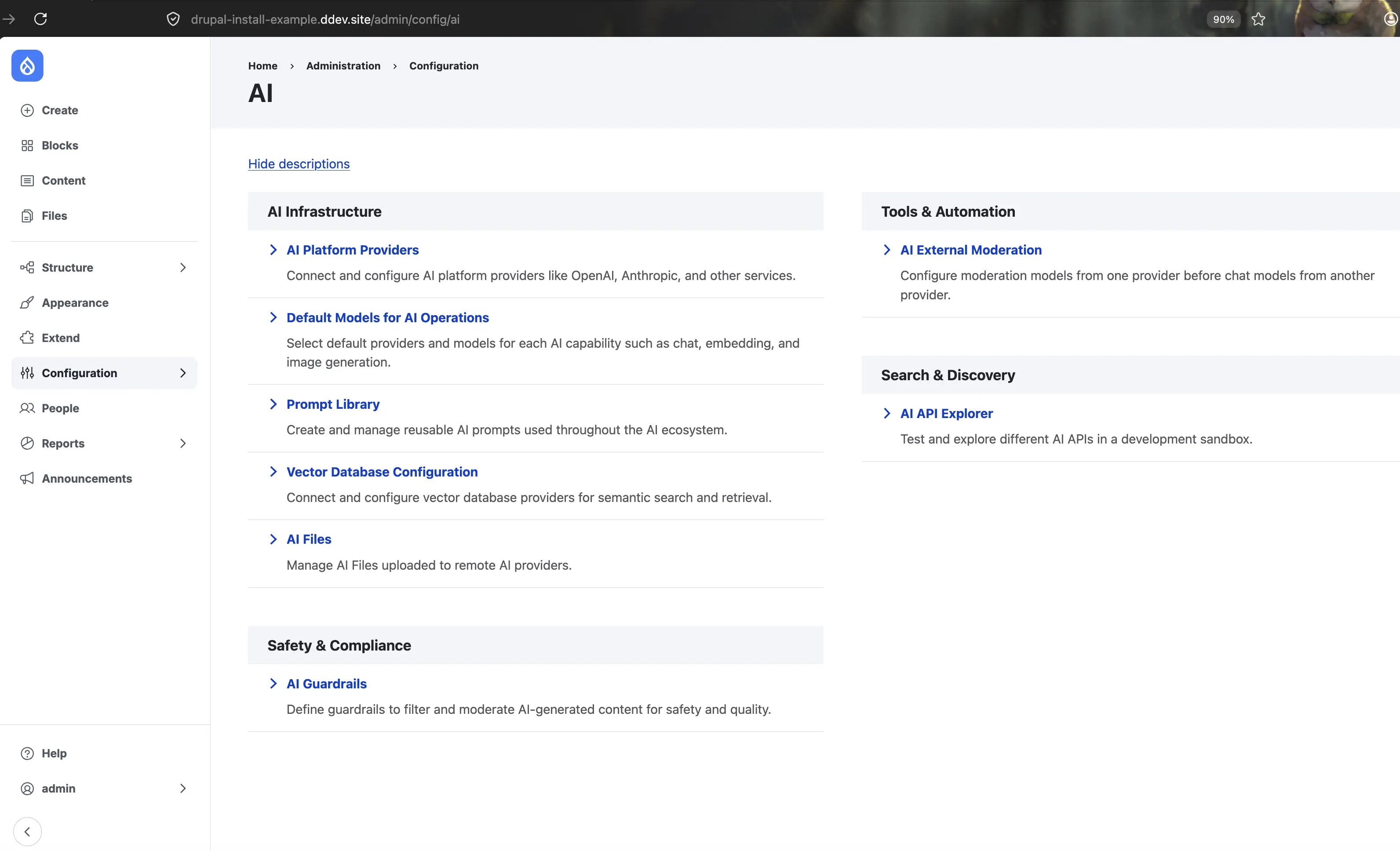 Página /admin/config/ai de Drupal mostrando AI Platform Providers, Default Models for AI Operations y AI API Explorer