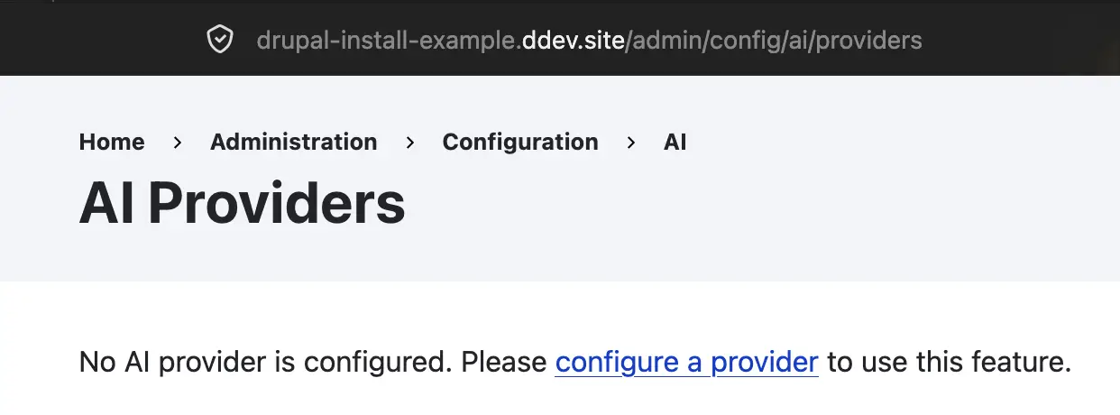 Página AI Providers en /admin/config/ai/providers mostrando el mensaje 'No AI provider is configured'