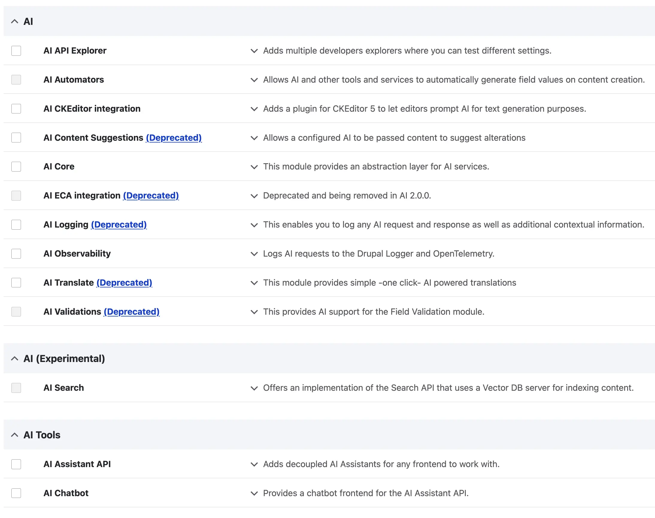 Lista de submódulos de Drupal AI en la página Extender (/admin/modules) filtrada por 'AI'
