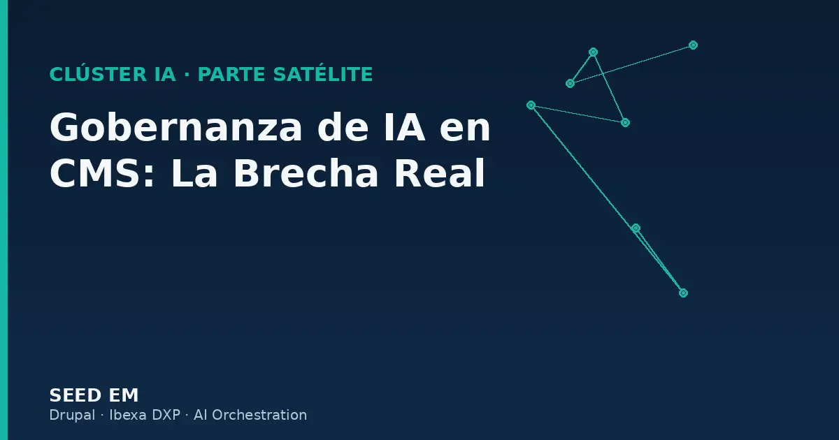 Ilustración conceptual sobre gobernanza de IA en un CMS con enfoque en controles, auditoría y arquitectura empresarial.