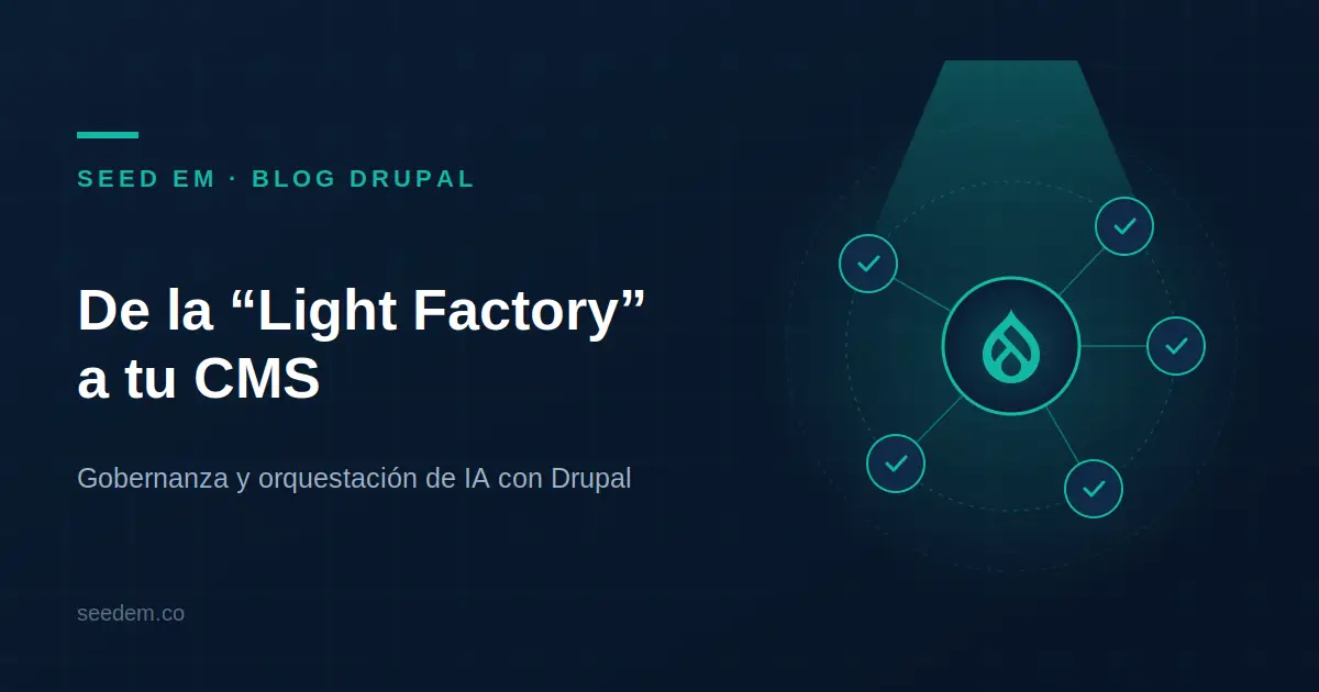 Ilustración conceptual de la gobernanza y orquestación de IA con Drupal basada en el concepto Light Factory.