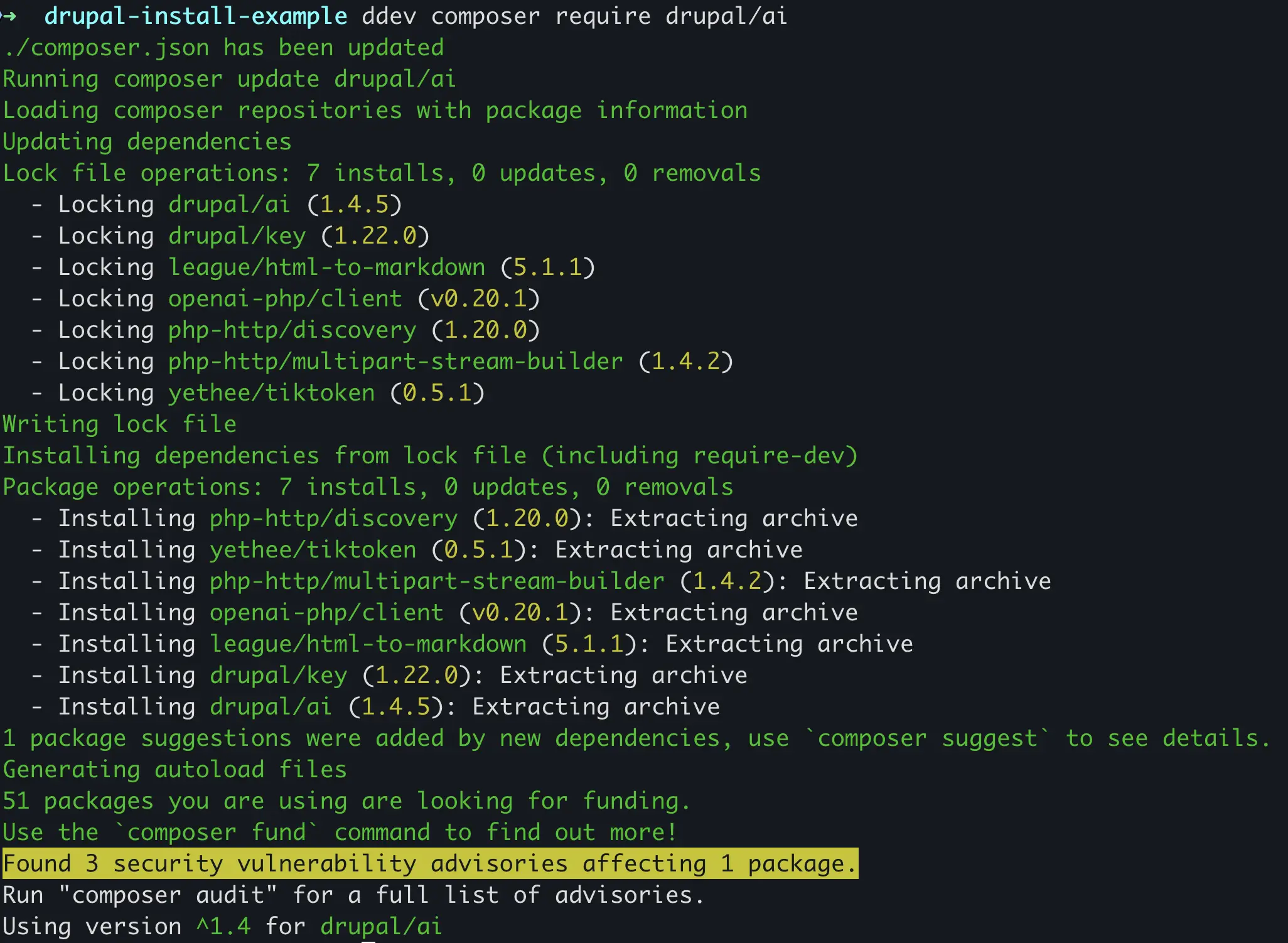 Terminal ejecutando ddev composer require drupal/ai para instalar el módulo AI para Drupal y sus dependencias