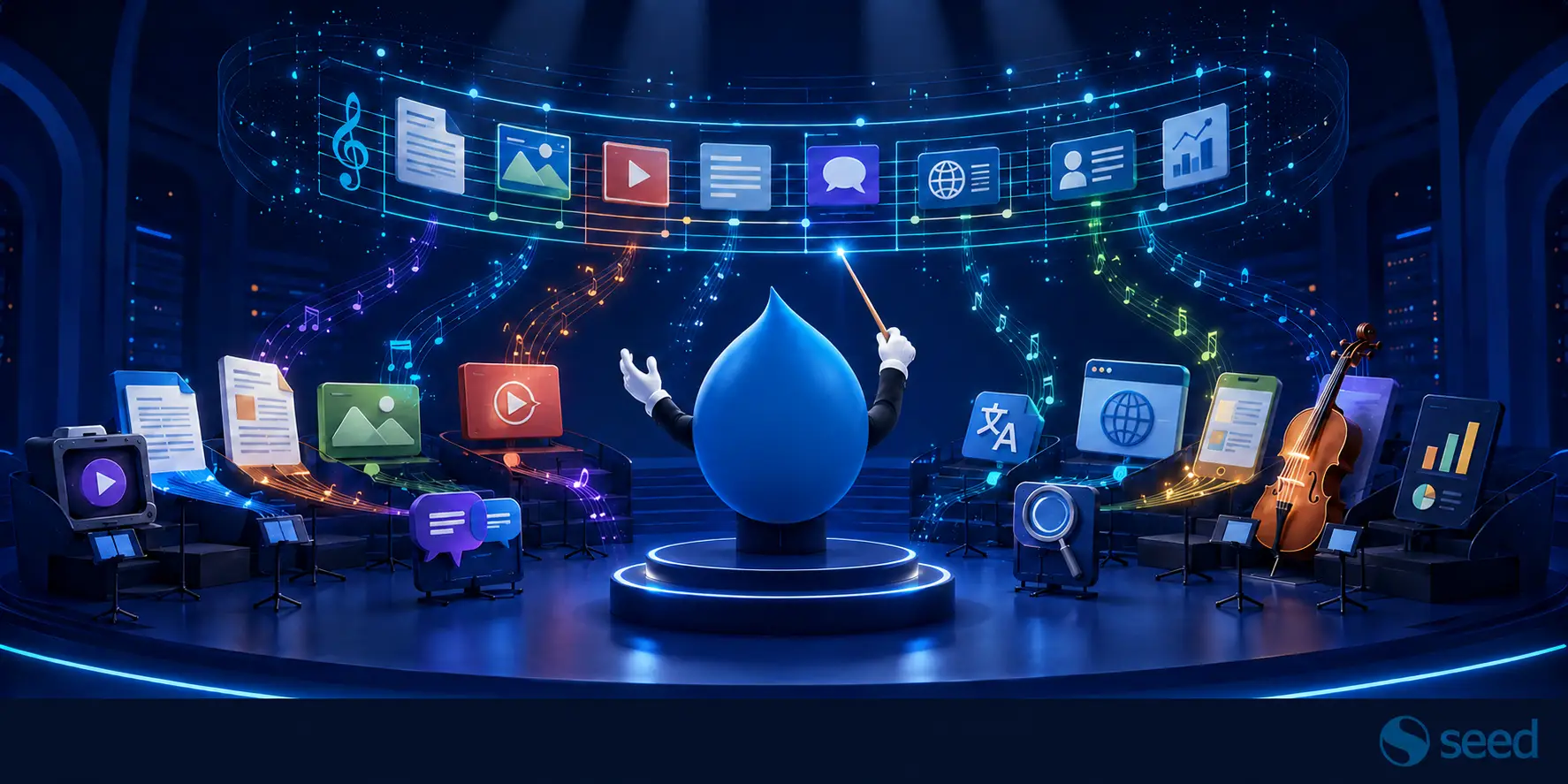 Drupal conducts a digital orchestra of formats and channels, representing AI-powered intelligent content orchestration.