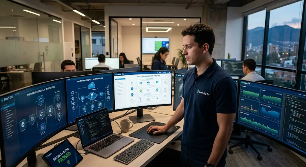 Ingeniero de Seed EM supervisando la arquitectura Drupal y la infraestructura IA empresarial
